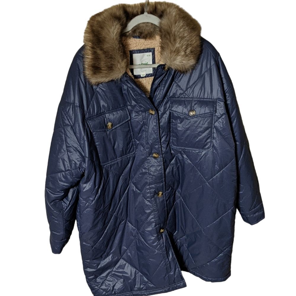NWOT Aerie quilted puffer button front navy blue faux fur collar sherpa coat XL